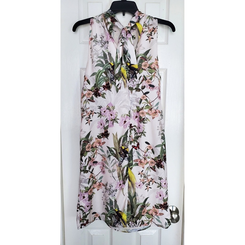 H&M Satin Mini Dress Mock Neck Bird Floral Shift Dress Pink Tropical Occasion 6
